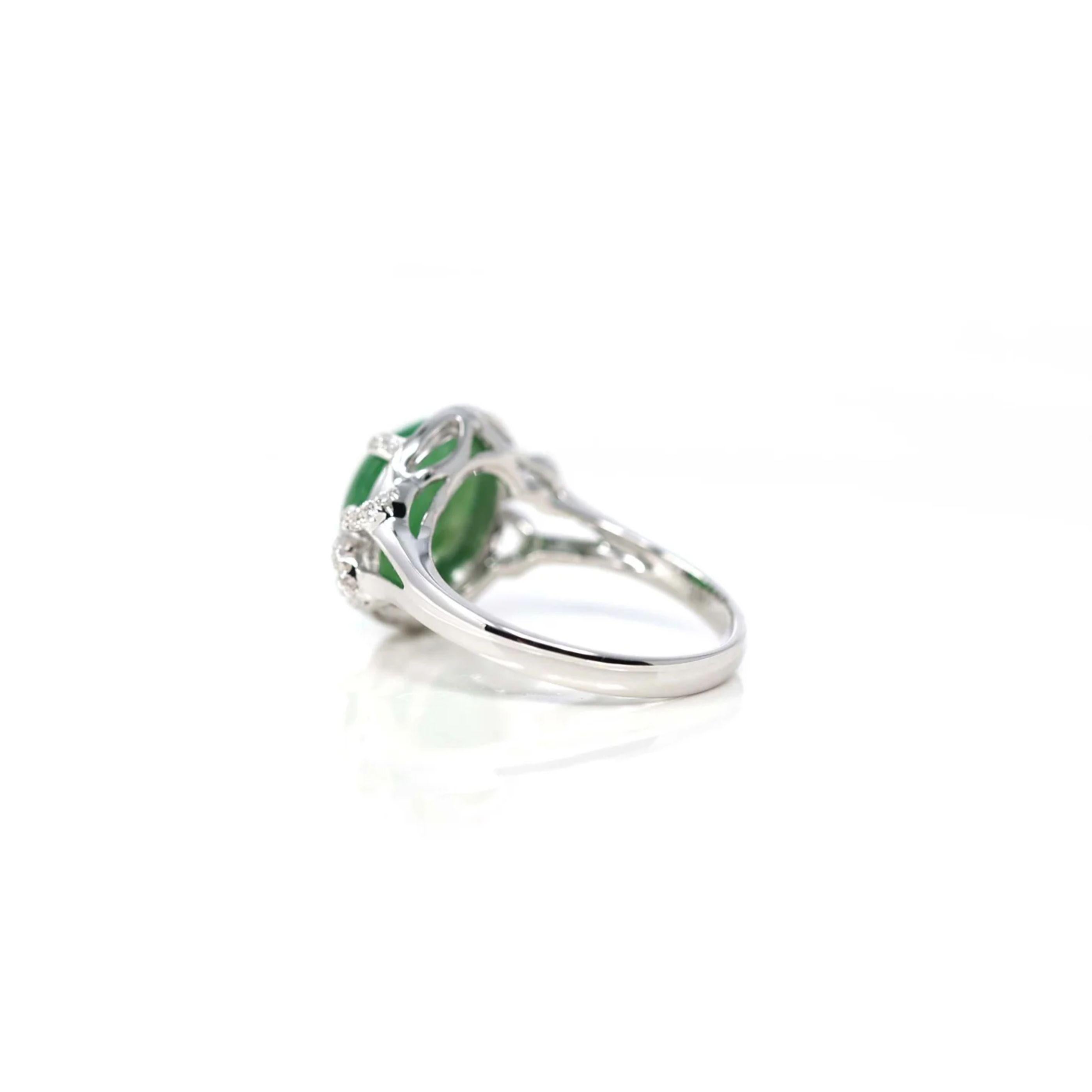 Cabochon 18k White Gold Natural Imperial Green Oval Jadeite Jade Engagement Ring Diamonds For Sale