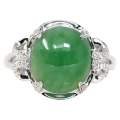 18k White Gold Natural Imperial Green Oval Jadeite Jade Engagement Ring Diamonds