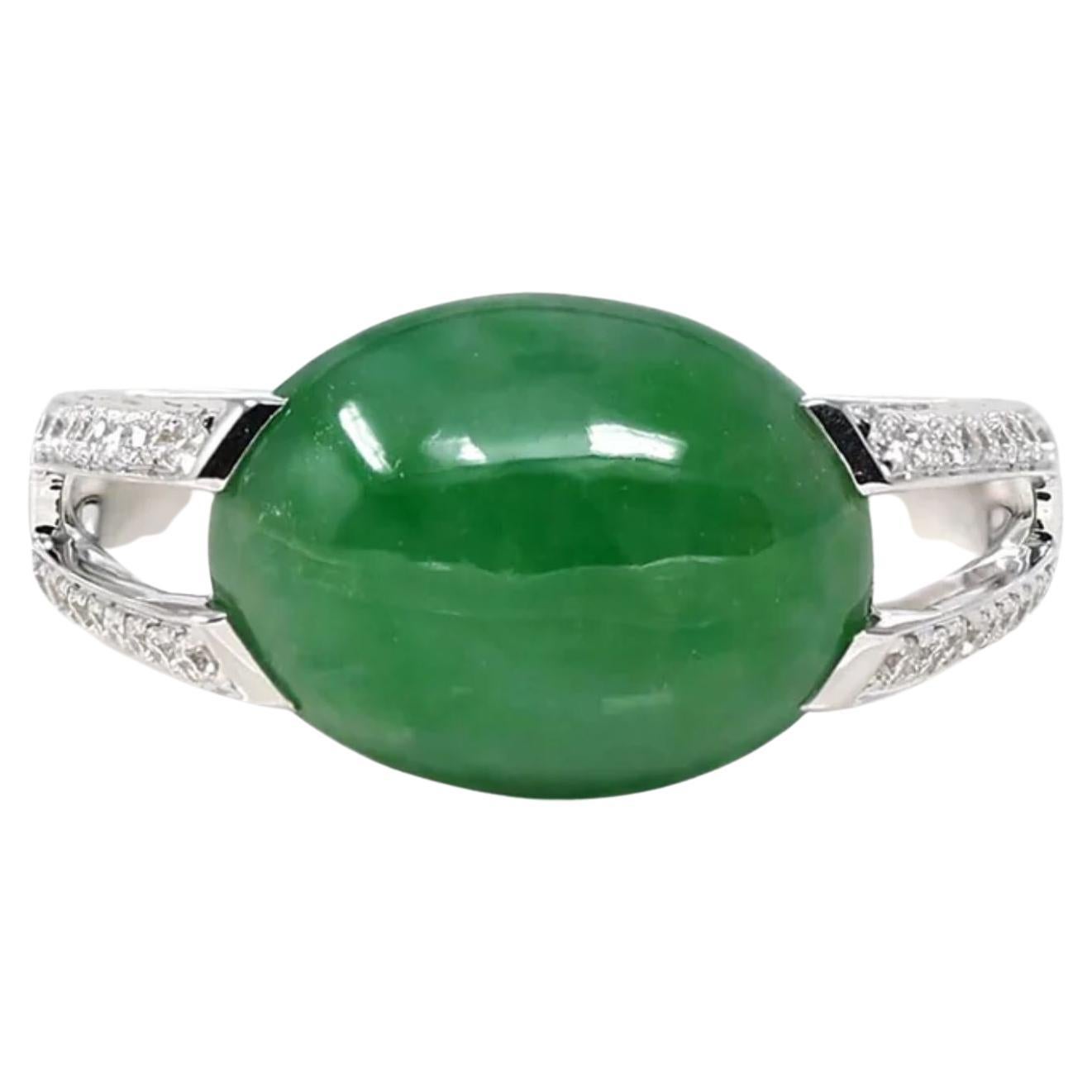18k White Gold Natural Imperial Green Oval Jadeite Jade Engagement Ring Diamonds For Sale