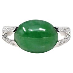 18k White Gold Natural Imperial Green Oval Jadeite Jade Engagement Ring Diamonds