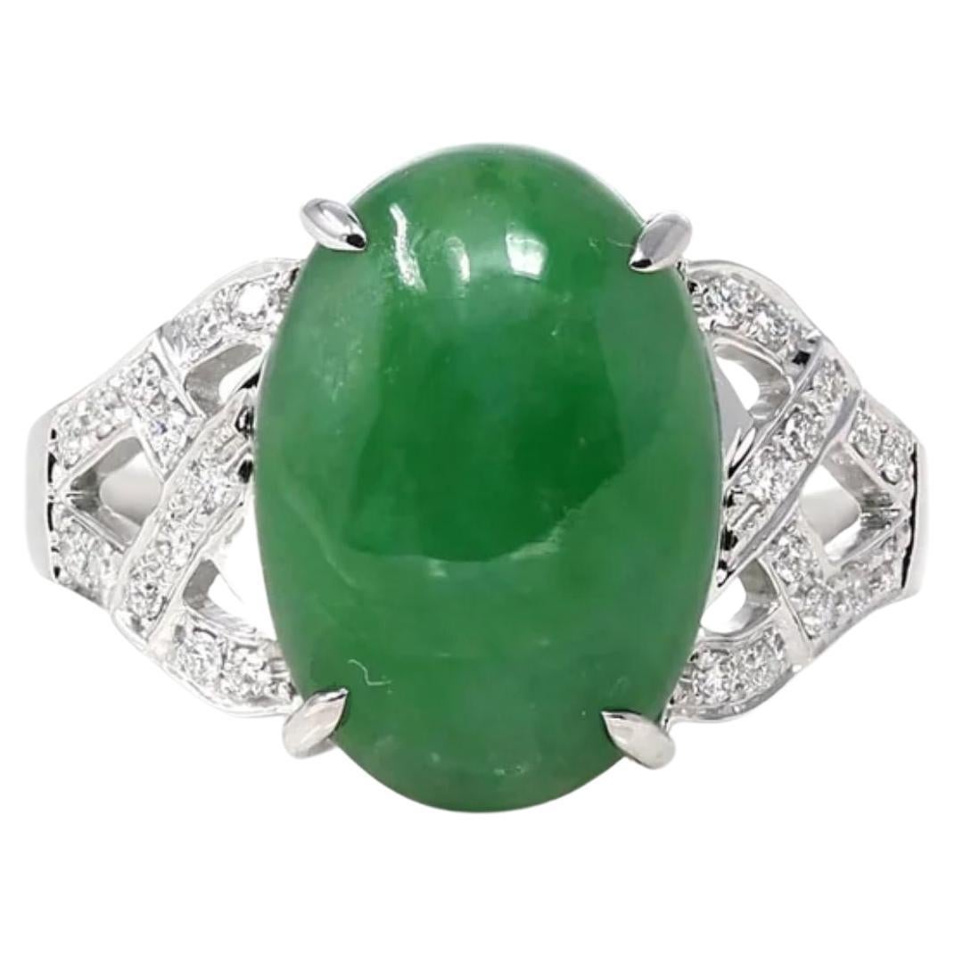 18k White Gold Natural Imperial Green Oval Jadeite Jade Engagement Ring Diamonds For Sale