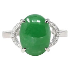 18k White Gold Natural Imperial Green Oval Jadeite Jade Engagement Ring Diamonds