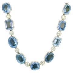 18K White Gold Natural Multi-Shape Sapphire & Diamond Station Necklace In Stock