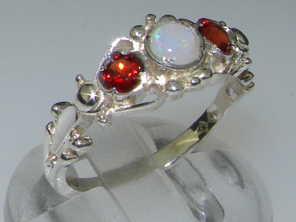 For Sale:  18k White Gold Natural Opal & Garnet Womens Trilogy Ring Customizable 2