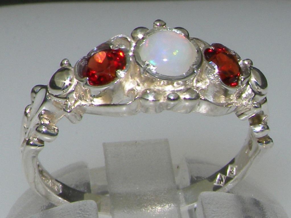 For Sale:  18k White Gold Natural Opal & Garnet Womens Trilogy Ring Customizable 3