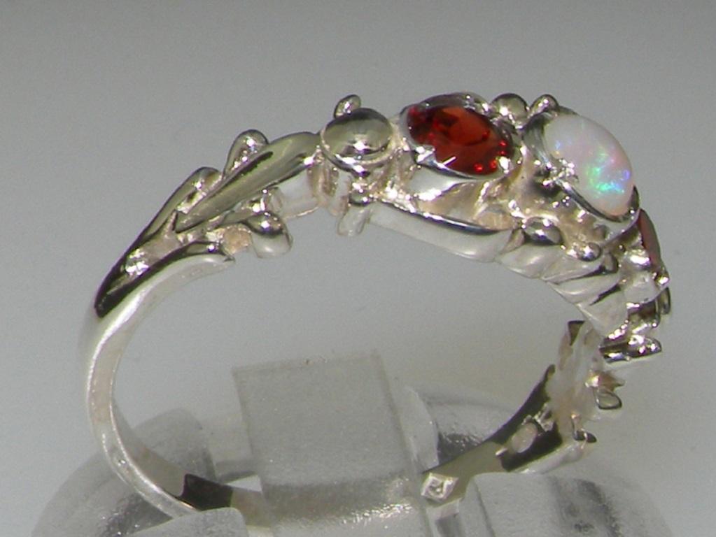 For Sale:  18k White Gold Natural Opal & Garnet Womens Trilogy Ring Customizable 4