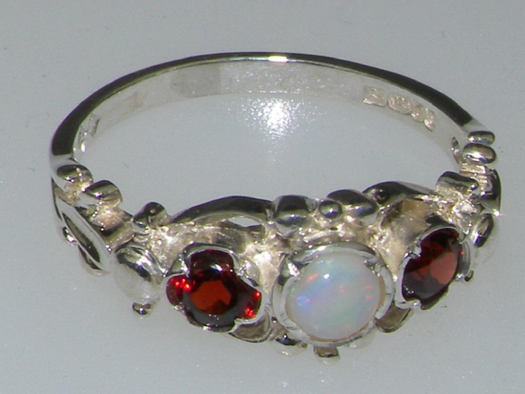 For Sale:  18k White Gold Natural Opal & Garnet Womens Trilogy Ring Customizable 6