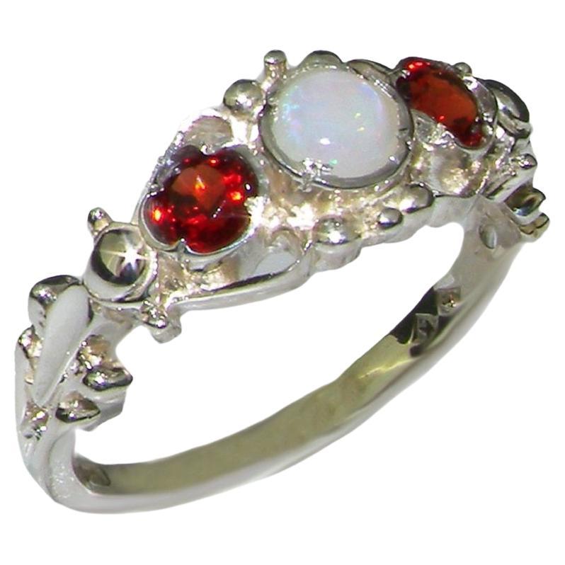 For Sale:  18k White Gold Natural Opal & Garnet Womens Trilogy Ring Customizable