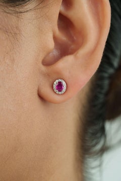 18K White Gold Natural Oval-Cut Vivid Red Ruby & Diamond Halo Stud Earrings