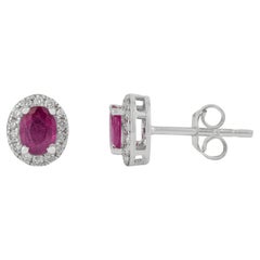 18K White Gold Natural Oval-Cut Vivid Red Ruby & Diamond Halo Stud Earrings