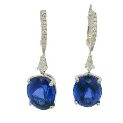 18K White Gold Natural Oval Tanzanite & Diamond Drop Earrings In Stock