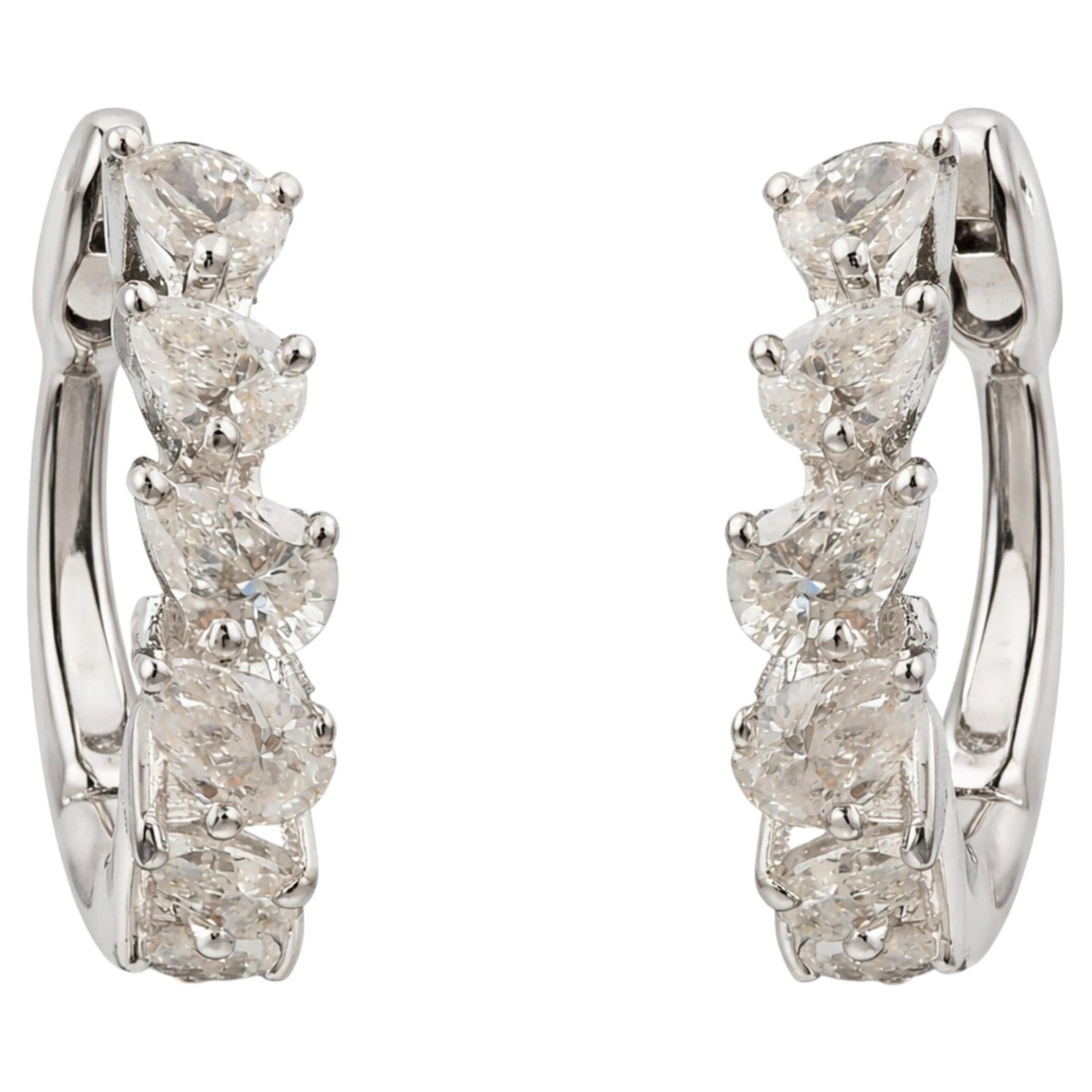 Pear Shape Natural Diamond Huggie Hoop Earrings 0.44 Carat 18K White Gold