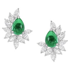 18K White Gold Natural Pear Zambian Emerald & Marquise Diamond Cluster Earrings