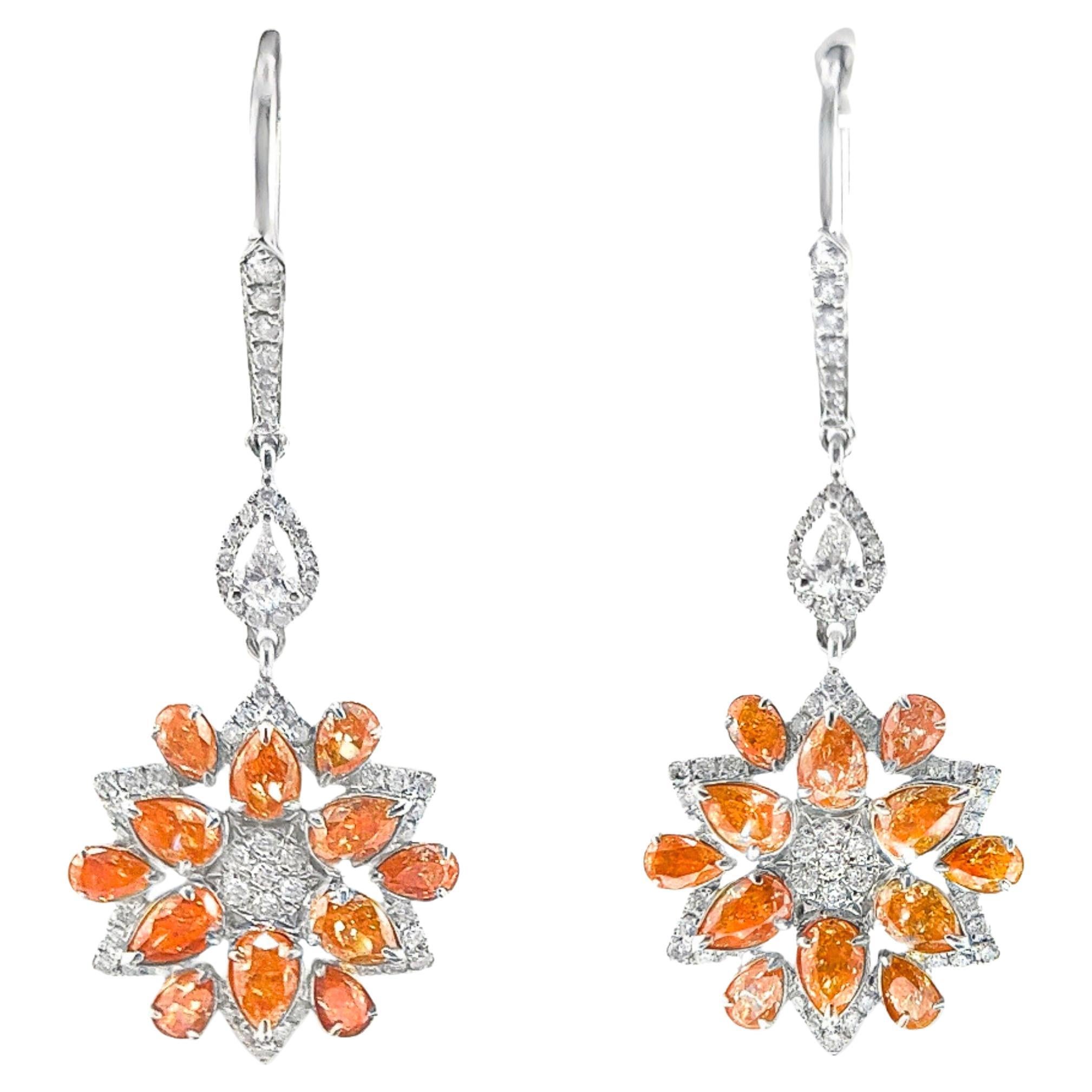 18K White Gold Natural Rare Orange Diamond Sunflower Earrings with Diamonds