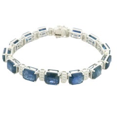 18K White Gold Natural Rectangular Sapphire & Round Brilliant Diamond Bracelet