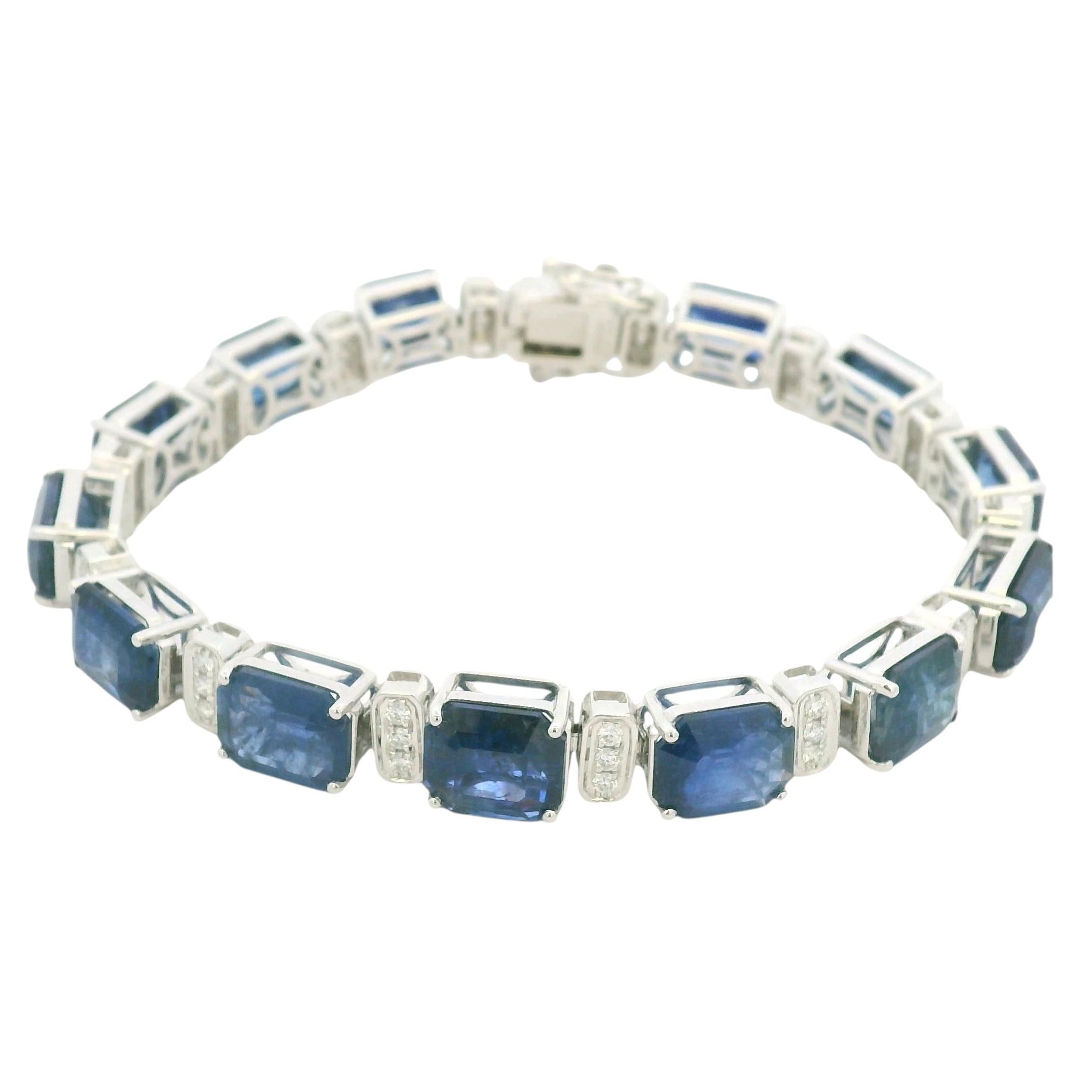 18K White Gold Natural Rectangular Sapphire & Round Brilliant Diamond Bracelet