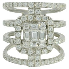 18K White Gold Natural Round Brilliant & Baguette Cut Diamond Wide 4 Band Ring