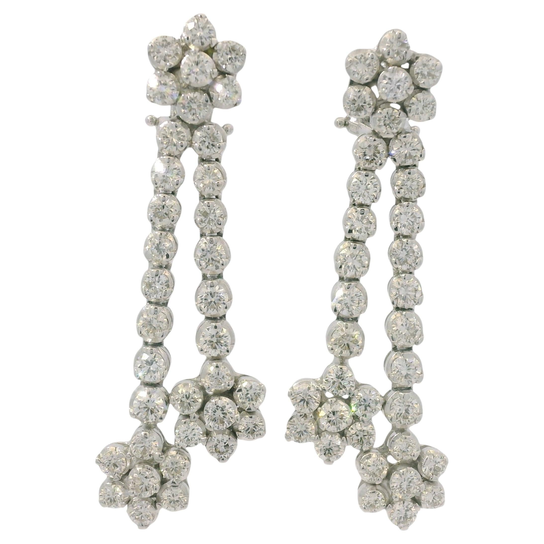18K White Gold Natural Round Brilliant Cut Diamond Flower Drop Earrings In Stock