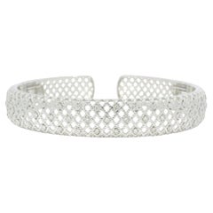 18K White Gold Natural Round Brilliant Diamond Open Bangle Cuff Bracelet