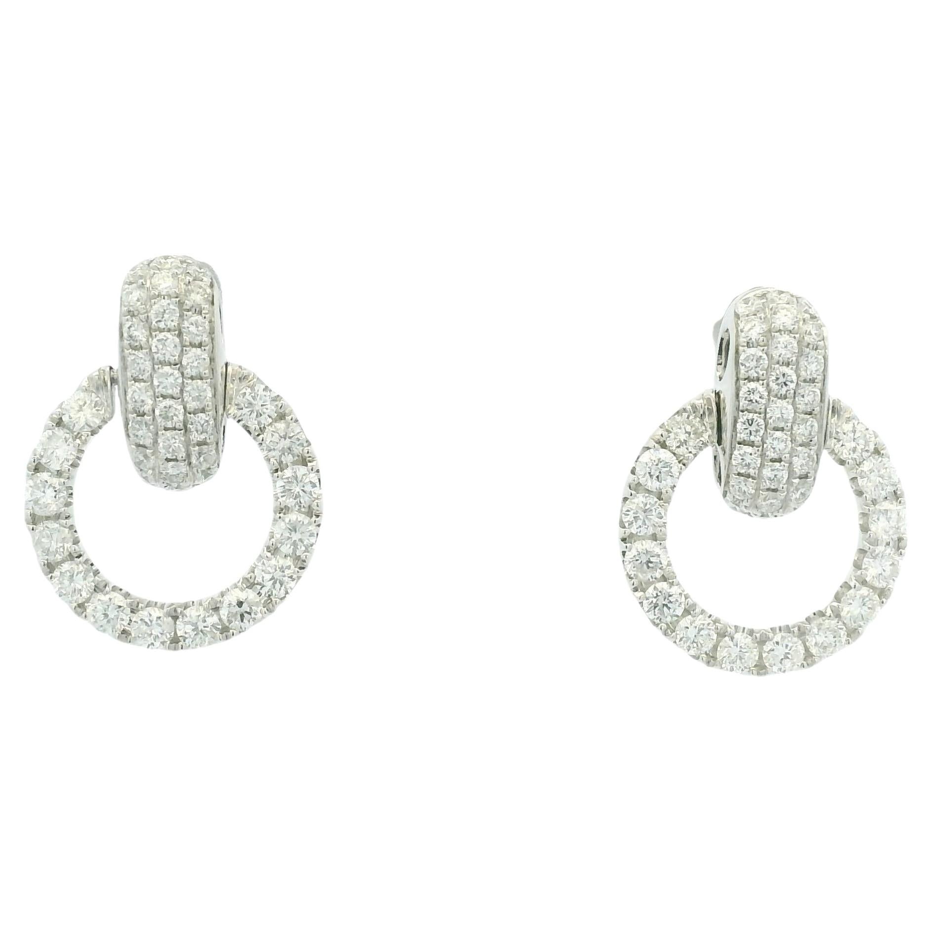 18K White Gold Natural Round Brilliant Diamond Open Circle Drop Earrings
