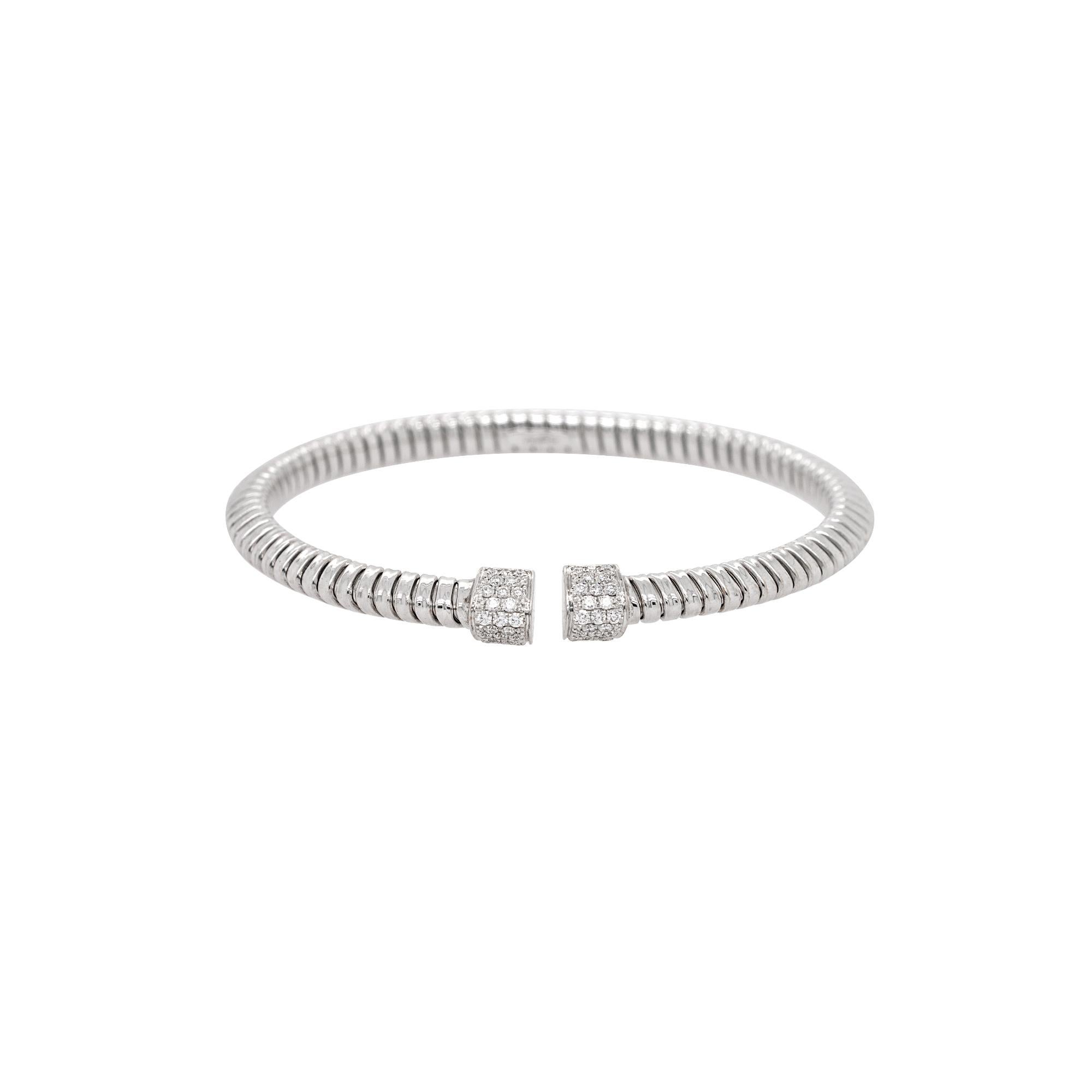Women's or Men's 18k White Gold Natural Round Brilliant Ribbed Diamond Bangle For Sale