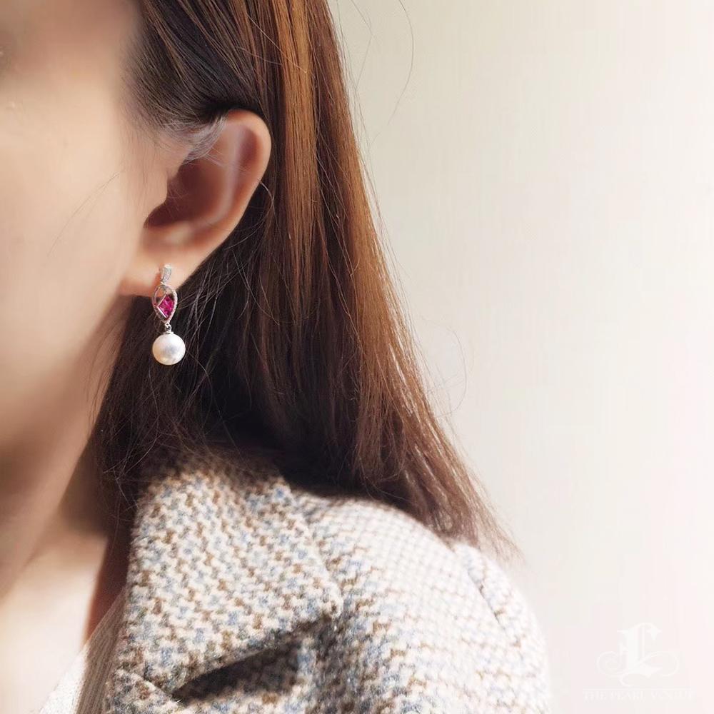 Square Cut 【Sculpted Geometry】Geometric Ruby & Akoya Pearl Drop Earrings For Sale