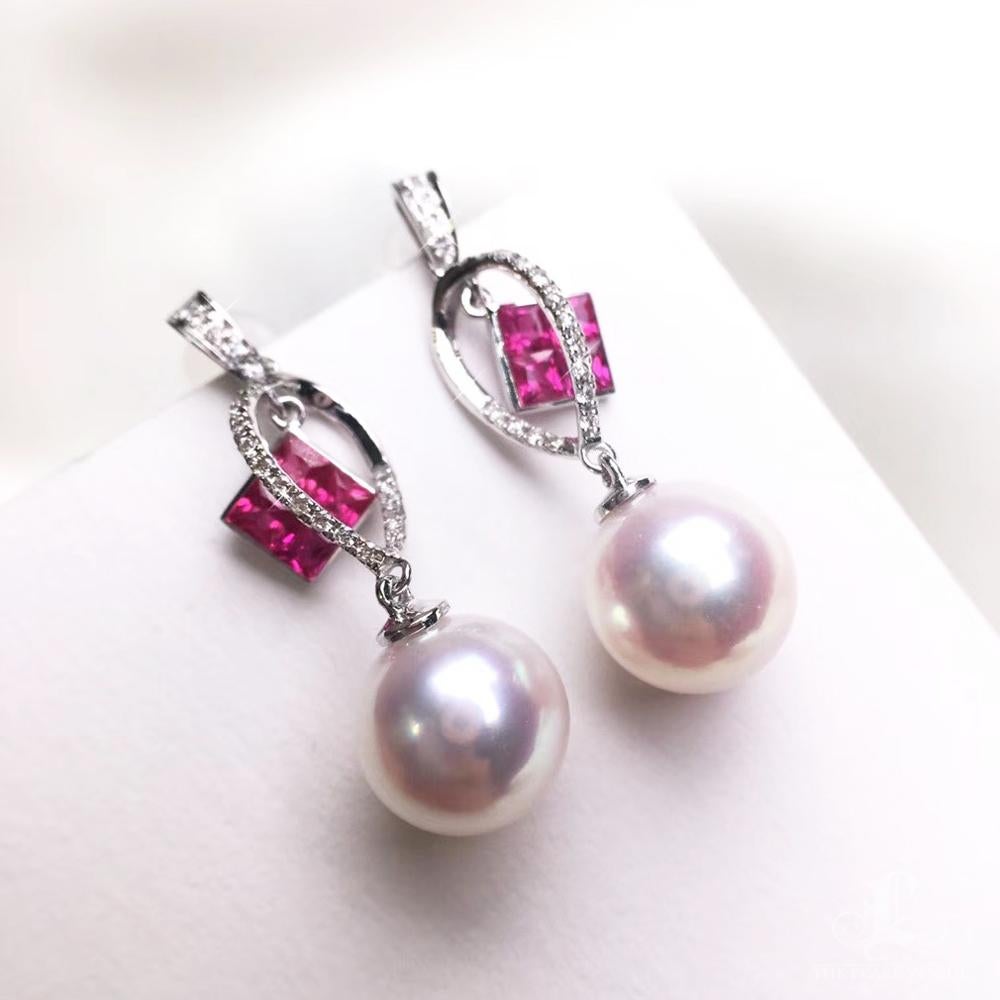 Women's 【Sculpted Geometry】Geometric Ruby & Akoya Pearl Drop Earrings For Sale