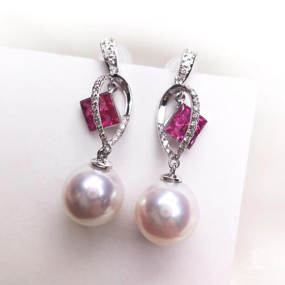 【Sculpted Geometry】Geometric Ruby & Akoya Pearl Drop Earrings For Sale 1