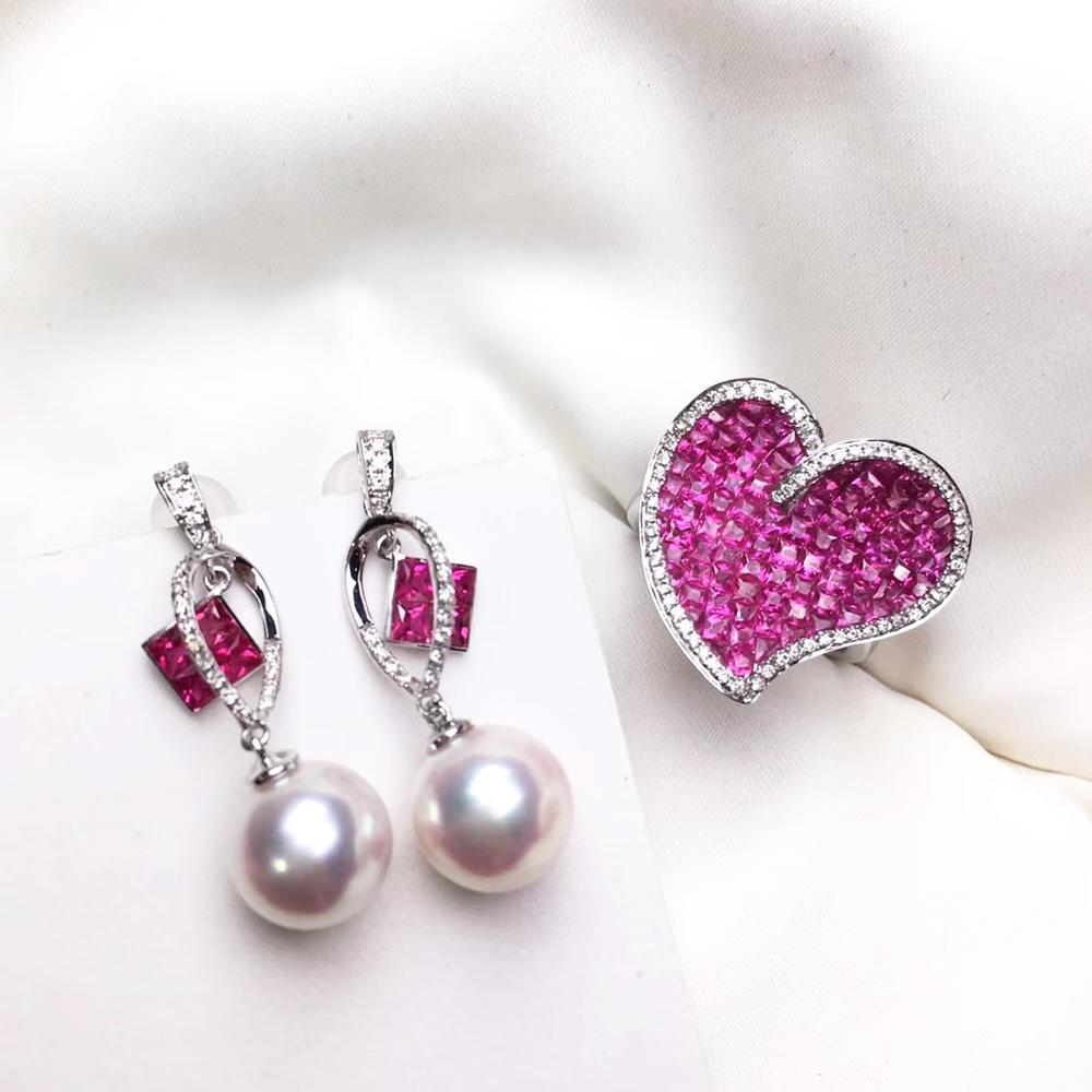 【Sculpted Geometry】Geometric Ruby & Akoya Pearl Drop Earrings For Sale 2