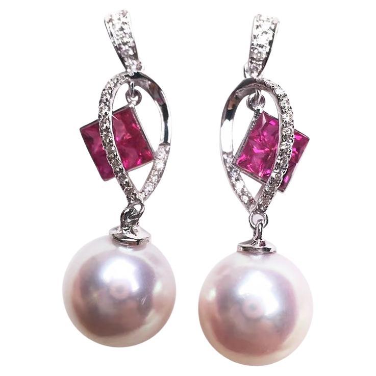 【Sculpted Geometry】Geometric Ruby & Akoya Pearl Drop Earrings For Sale
