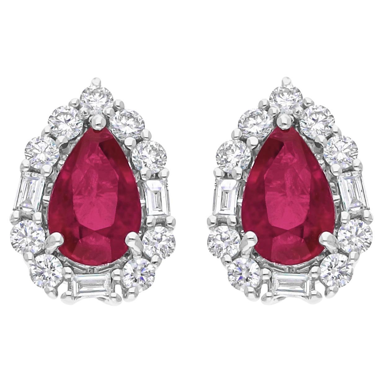 Orecchini a pera con diamante e rubino naturale in oro bianco 18 carati Regalo per lei in vendita