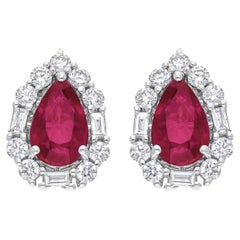 18k White Gold Natural Ruby Diamond Halo Pear Shape Stud Earrings Gift for Her
