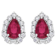 18k White Gold Natural Ruby Diamond Halo Pear Shape Stud Earrings Gift for Her