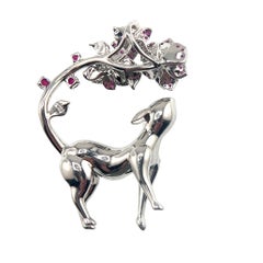 18K White Gold Natural Ruby & Emerald Deer & Forest Brooch with Diamonds