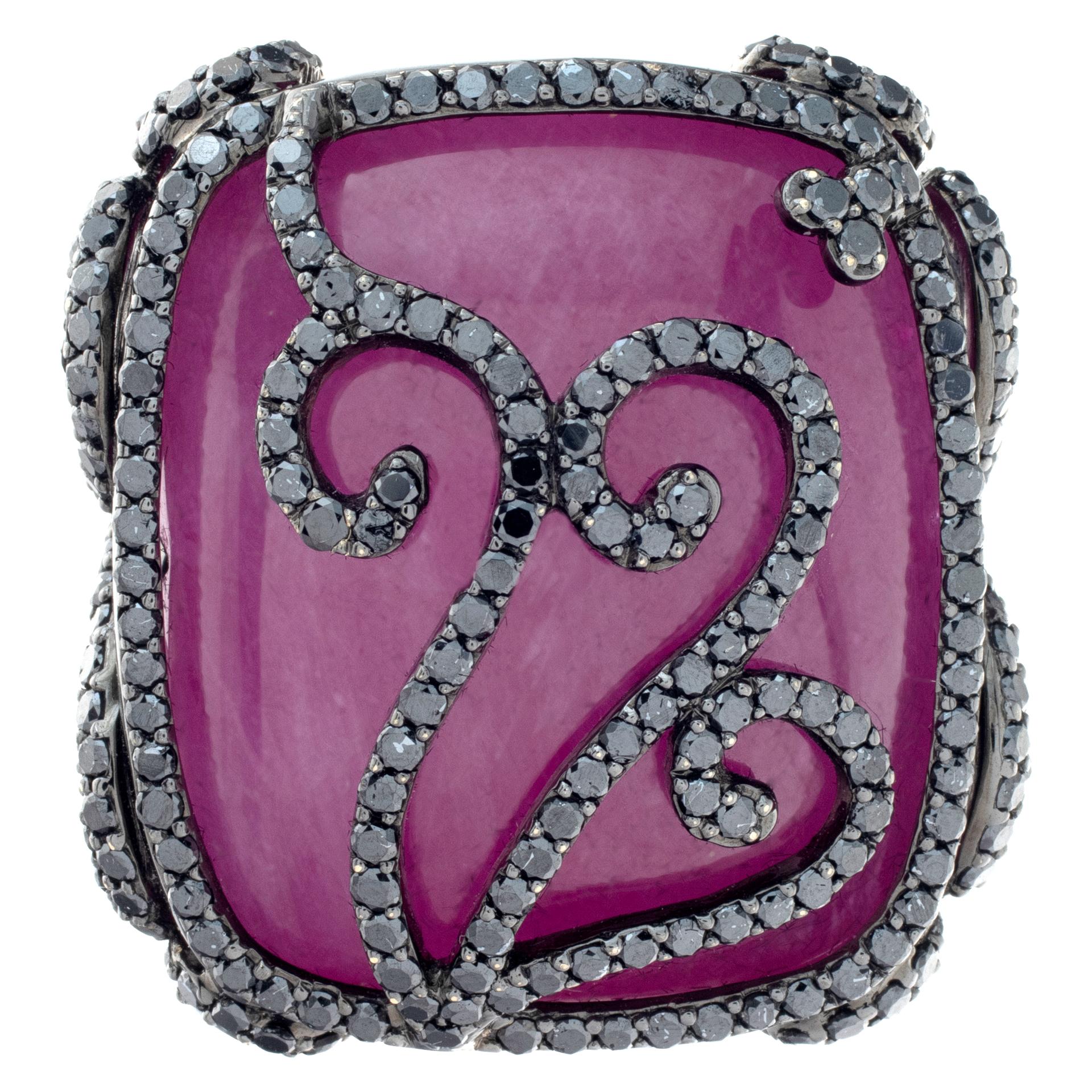 GemResearch Swisslab certified natural pinkish-red Burmese ruby 47.17 carat cabochon ring in 18k white gold with over 1 carat in black diamonds. Clarity and / or color enhanced by heat as per gemstone certificate. Size 7.

This Diamond/Ruby ring is