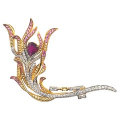 Colgante y broche flor de rubí natural y zafiro de oro blanco de 18 quilates con diamantes
