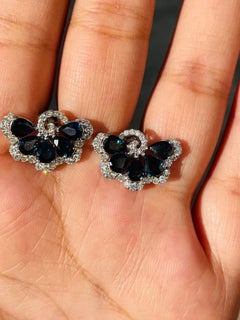 Designer Natural Blue Sapphire & Diamond Floral Stud Earrings in 18k White Gold