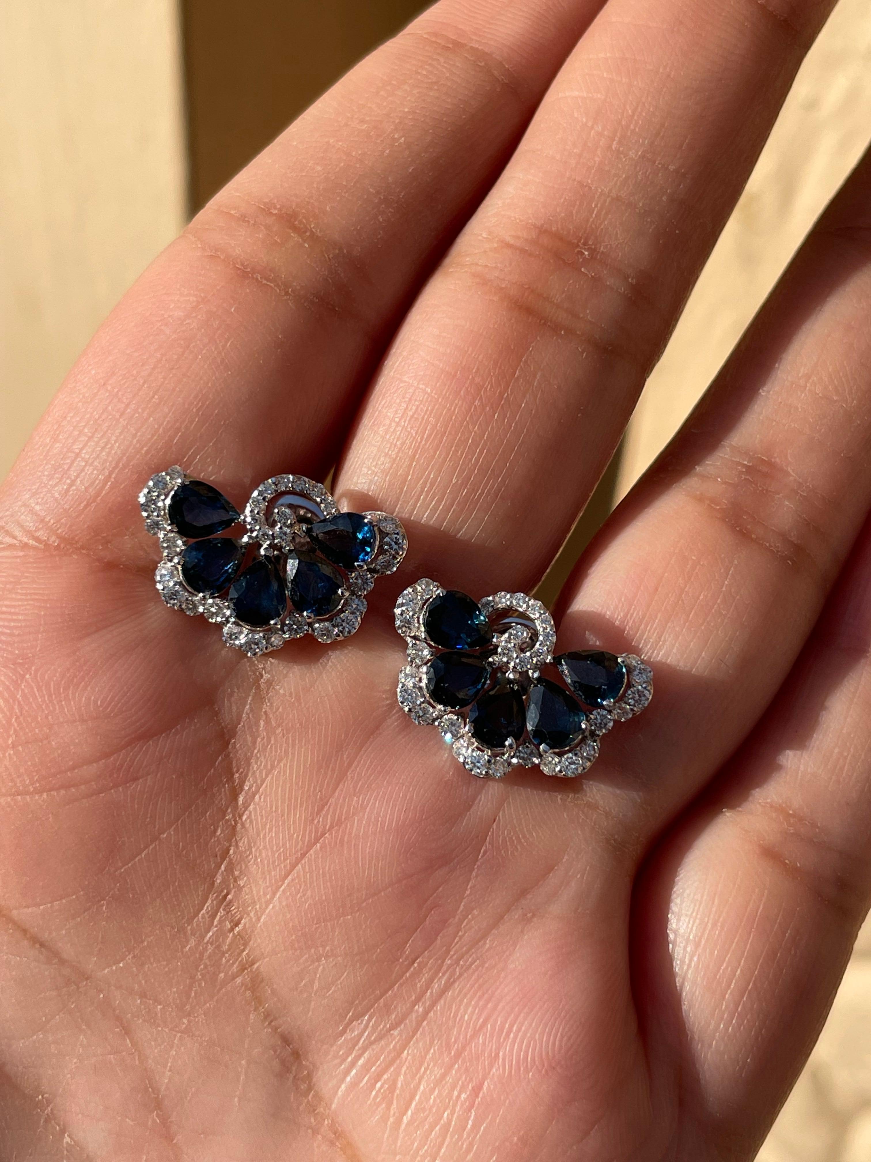 Pear Cut 18K White Gold Natural Sapphire and Diamond Stud Earrings For Sale