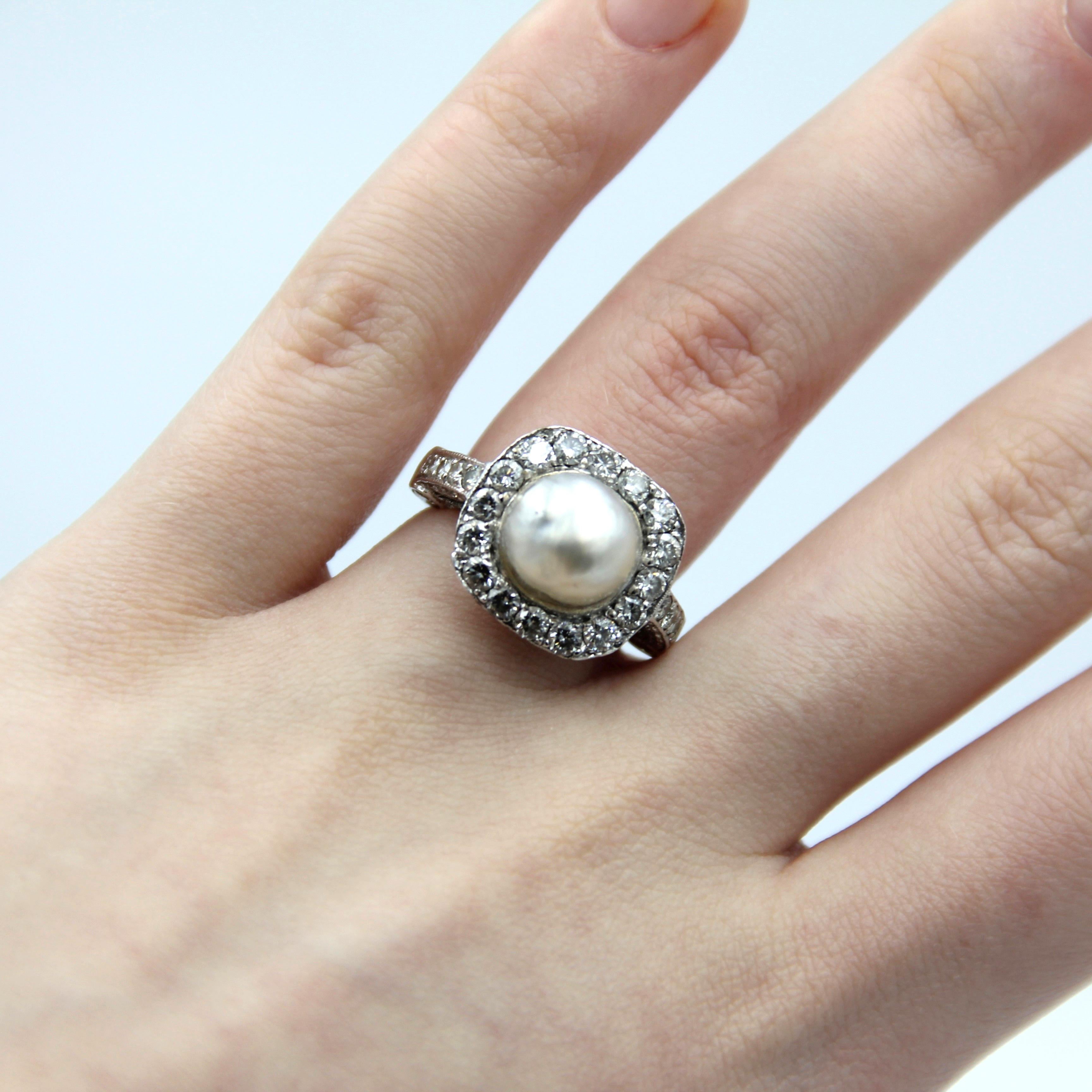 Old European Cut 18k White Gold Natural Sea Pearl Diamond Ring For Sale
