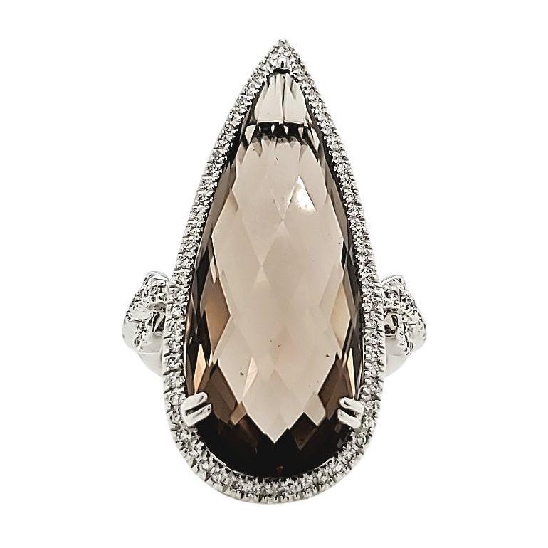 Bague de fiançailles en or blanc 18k avec quartz fumé naturel et diamant en forme de marquise