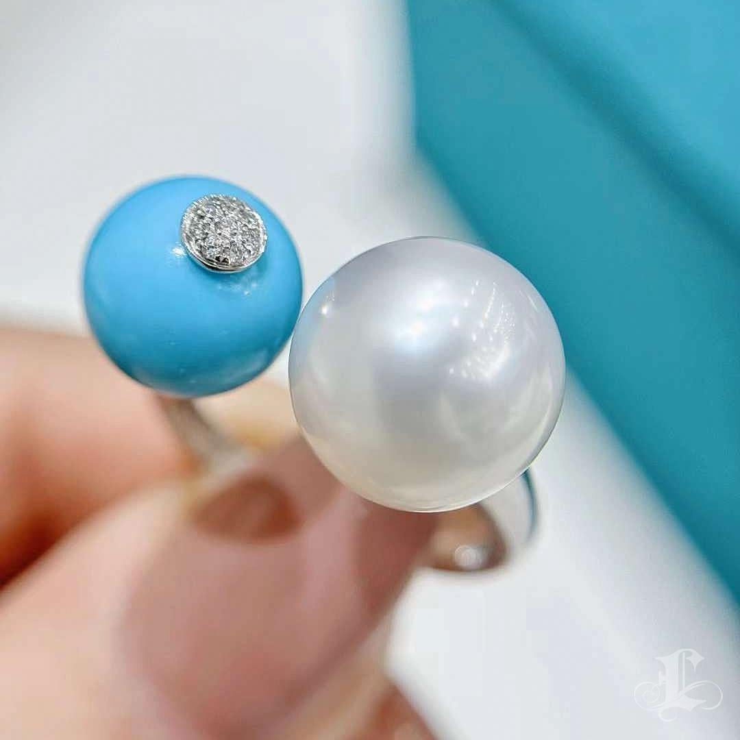 【Caelmare】Twin Aurora South Sea Pearls & Turquoise Dome Statement Ring 2
