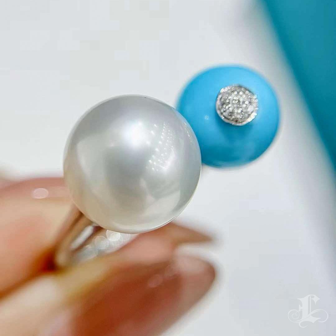 【Caelmare】Twin Aurora South Sea Pearls & Turquoise Dome Statement Ring 3