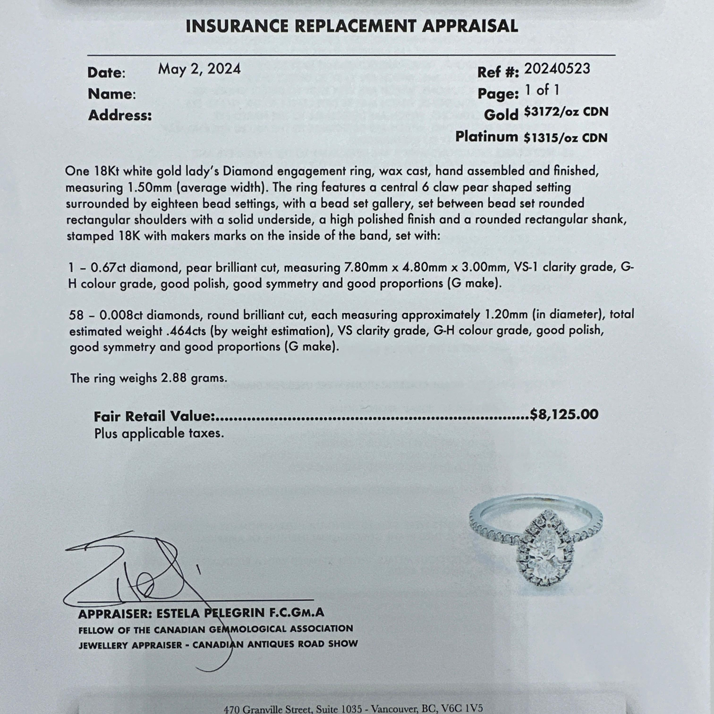 18 Karat Weißgold Natürlicher VS-1 G-H 0,67 Karat birnenförmiger Diamant Halo Verlobungsring 1,13TCW 3
