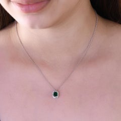 18K White Gold Natural Zambian Emerald Diamond Halo Necklace, 0.72cts  Gift Her