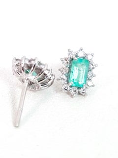 Estate Natural Zambian Emerald Halo Stud Earrings with Pave Diamonds in 18K Gold
