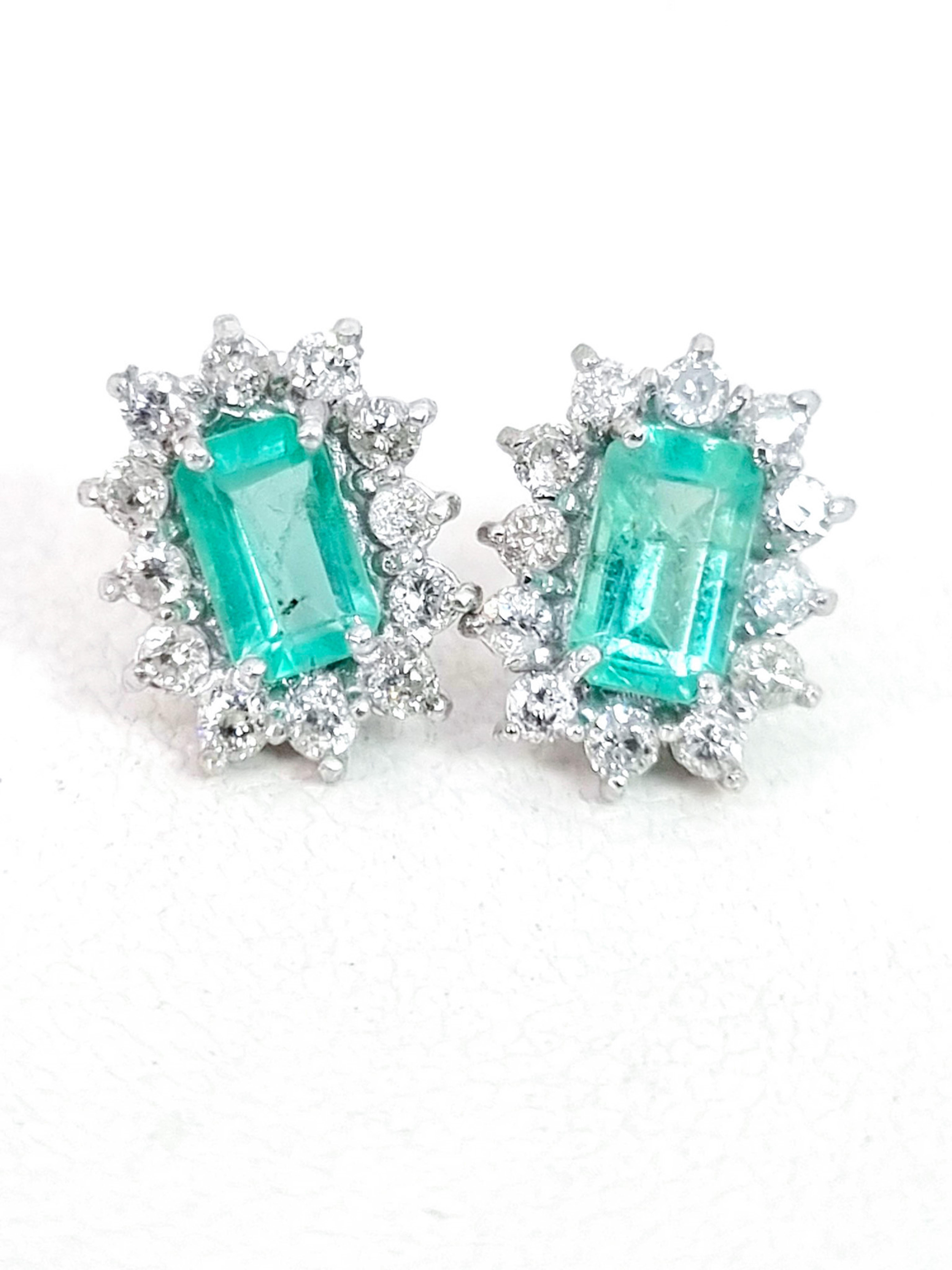 Modern Estate Natural Zambian Emerald Halo Stud Earrings with Pave Diamonds in 18K Gold For Sale