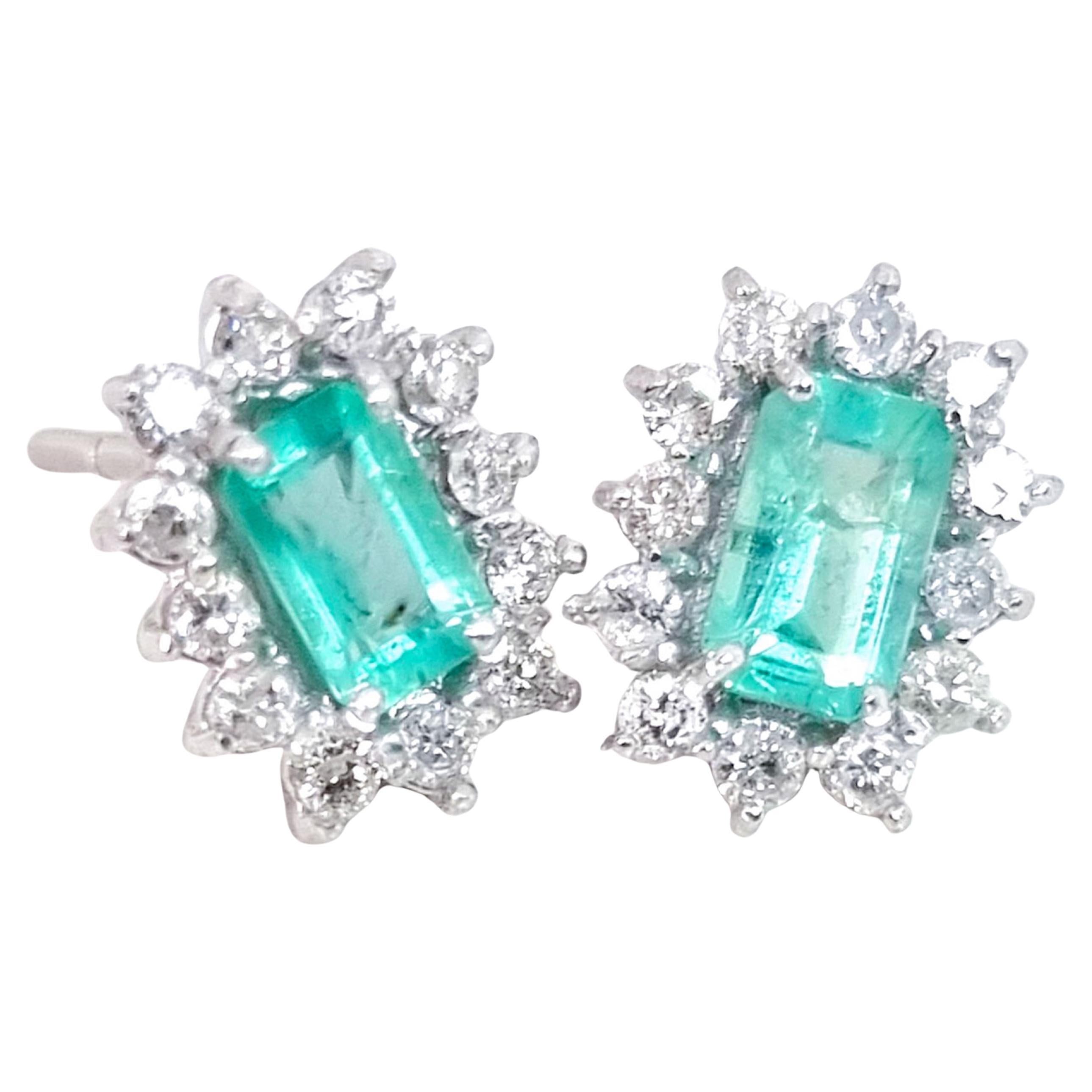 Estate Natural Zambian Emerald Halo Stud Earrings with Pave Diamonds in 18K Gold For Sale