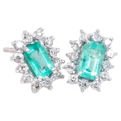 Estate Natural Zambian Emerald Halo Stud Earrings with Pave Diamonds in 18K Gold