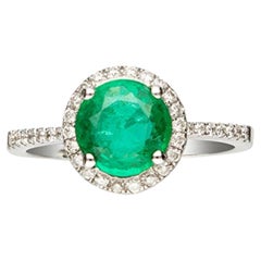  18K White Gold Natural Zambian Emerald Ring with Natural Diamonds for Women