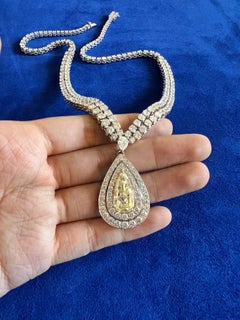 18K White Gold Necklace with 5.16 Carat Fancy Yellow Diamond Pendant AIG Cert.